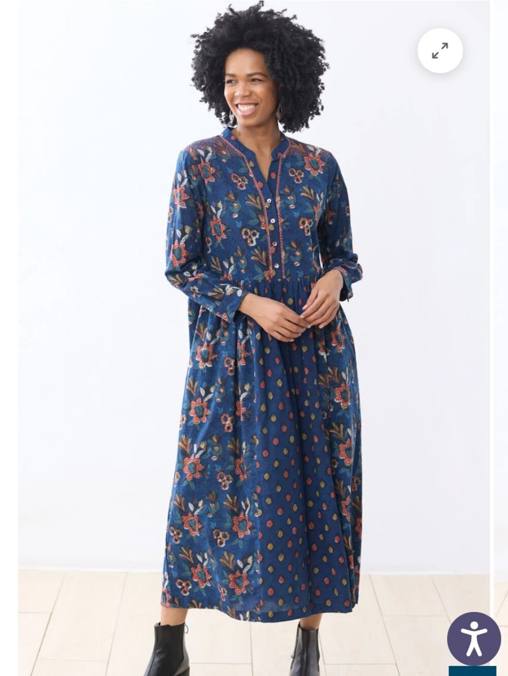 Women’s Navy Floral Midi Dress - Long Sleeve